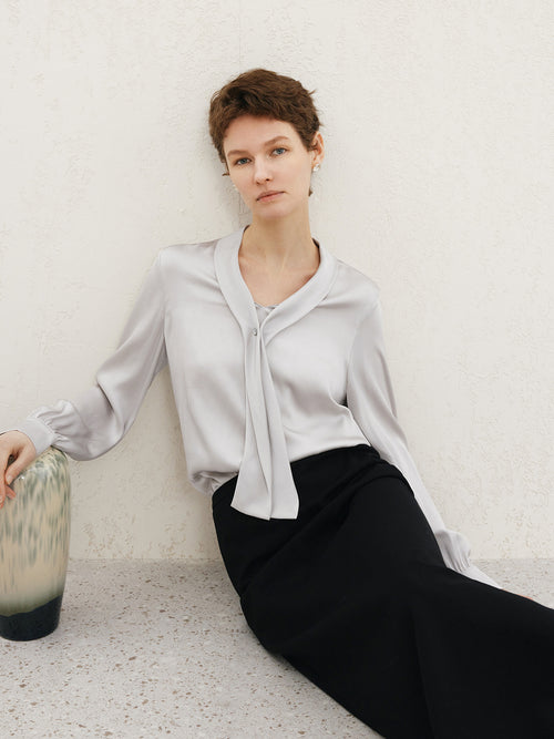 Load image 1 in gallery view. Tie-Neck Silk Shirt