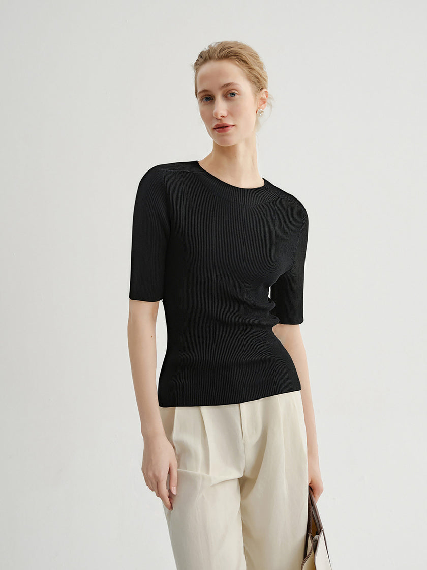 Black Short-Sleeve Pure Wool  Sweater