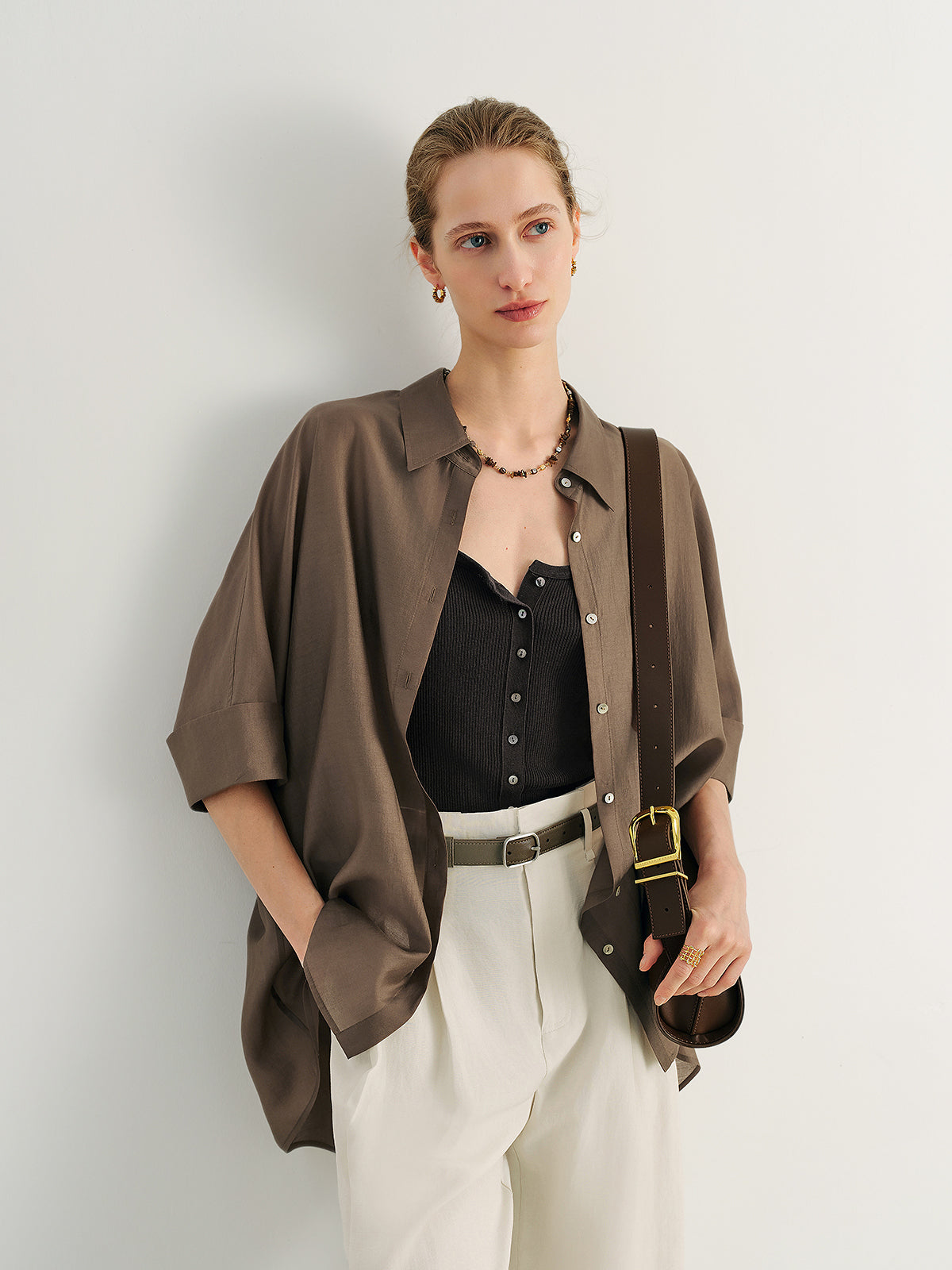 Brown Lyocell Half-Sleeve  Shirt