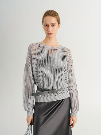 Linen-Blend Crochet Knit Sweater