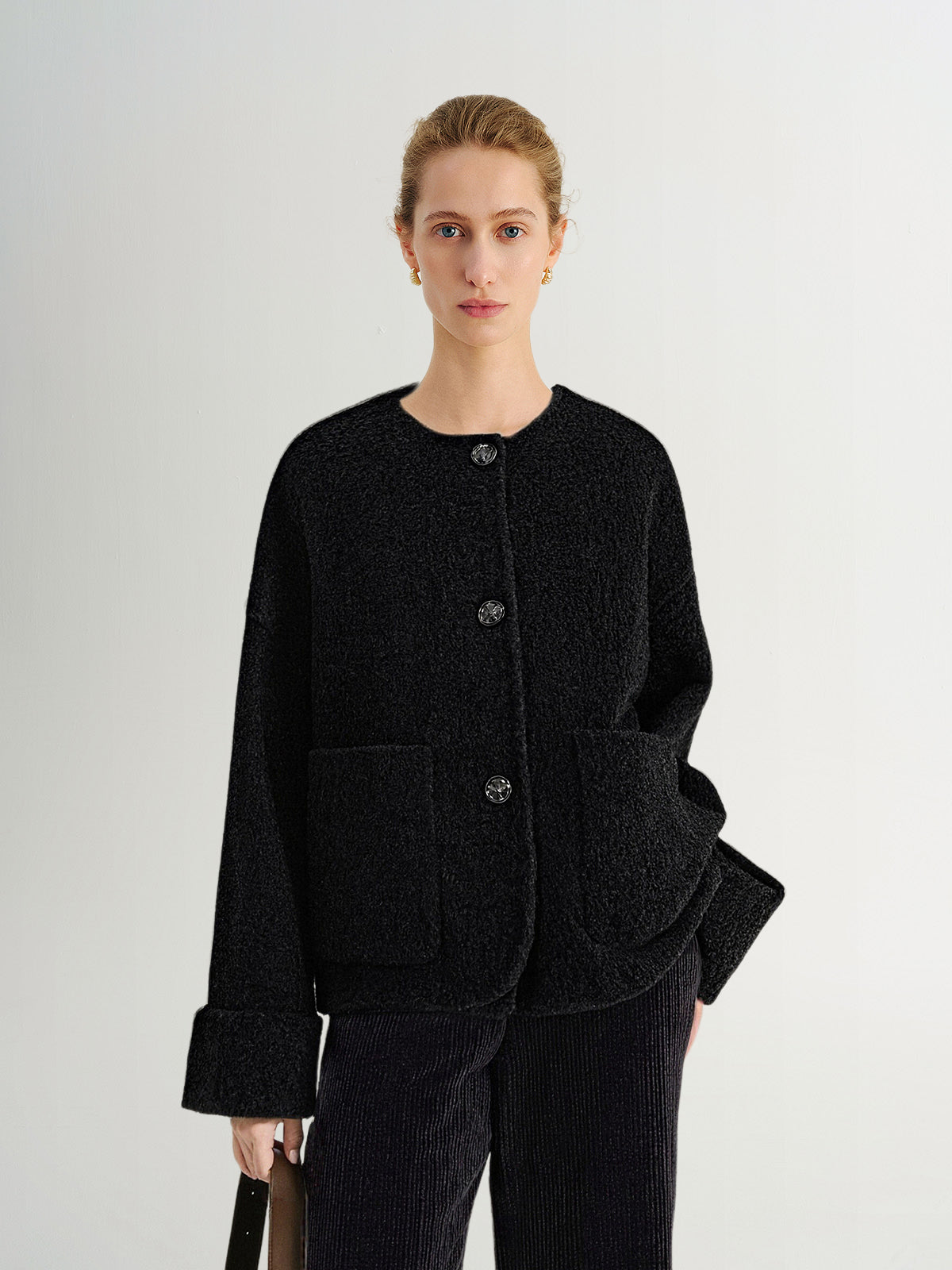 Wool-Camel Blend Round-Neck Short Jacket