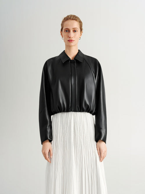 Load image 1 in gallery view. Cropped Leather Jacket with Stand Collar