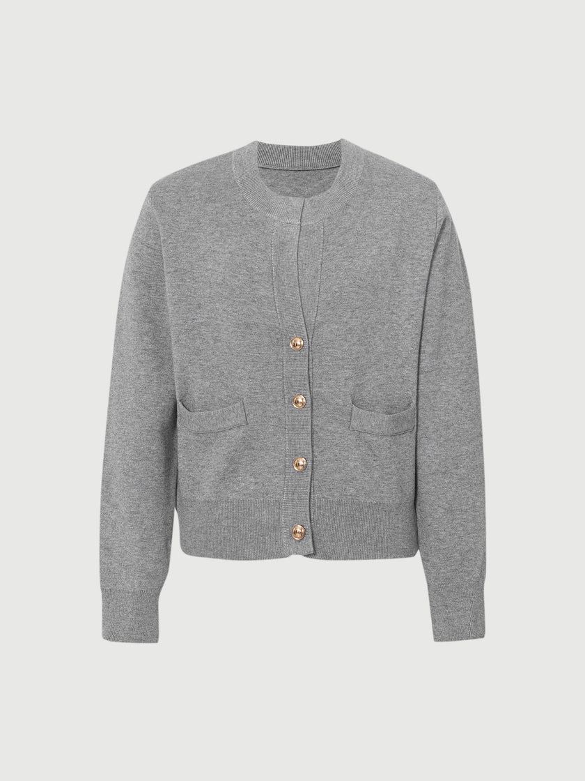 Collarless Wool Blend Cardigan