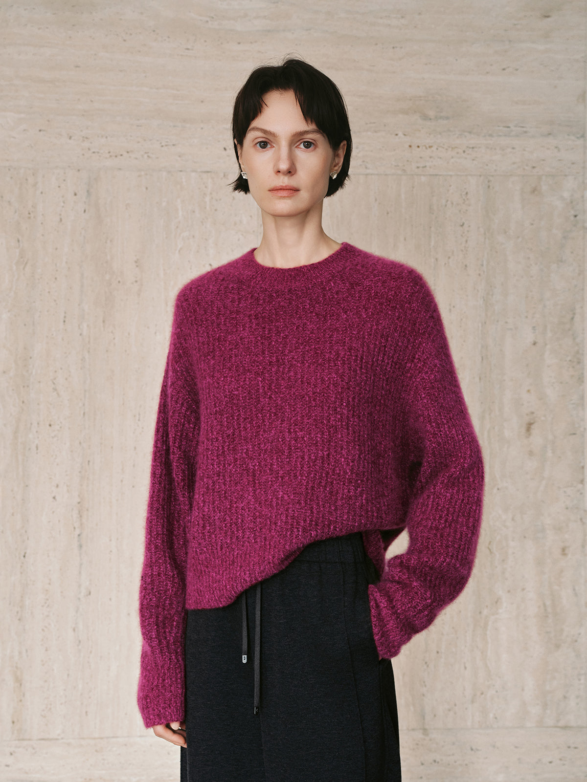 Magenta Vertical-Rib Silk-Cashmere Sweater