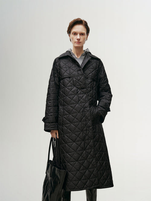 Load image 1 in gallery view. Lapel Collar Quilted Maxi Jacket