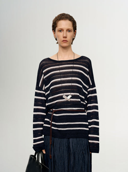 Load image 1 in gallery view. Relaxed-Fit Drop-Shoulder Lightweight Stripe Crewneck Sweater