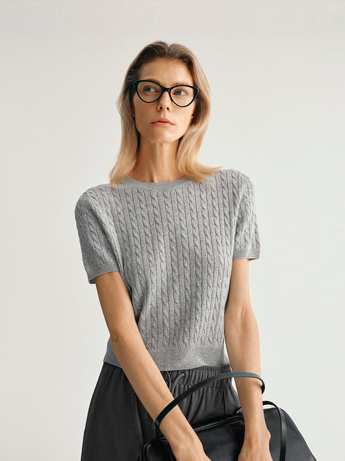 Load image 1 in gallery view. Round Neck Short Sleeves Rib Knitwear