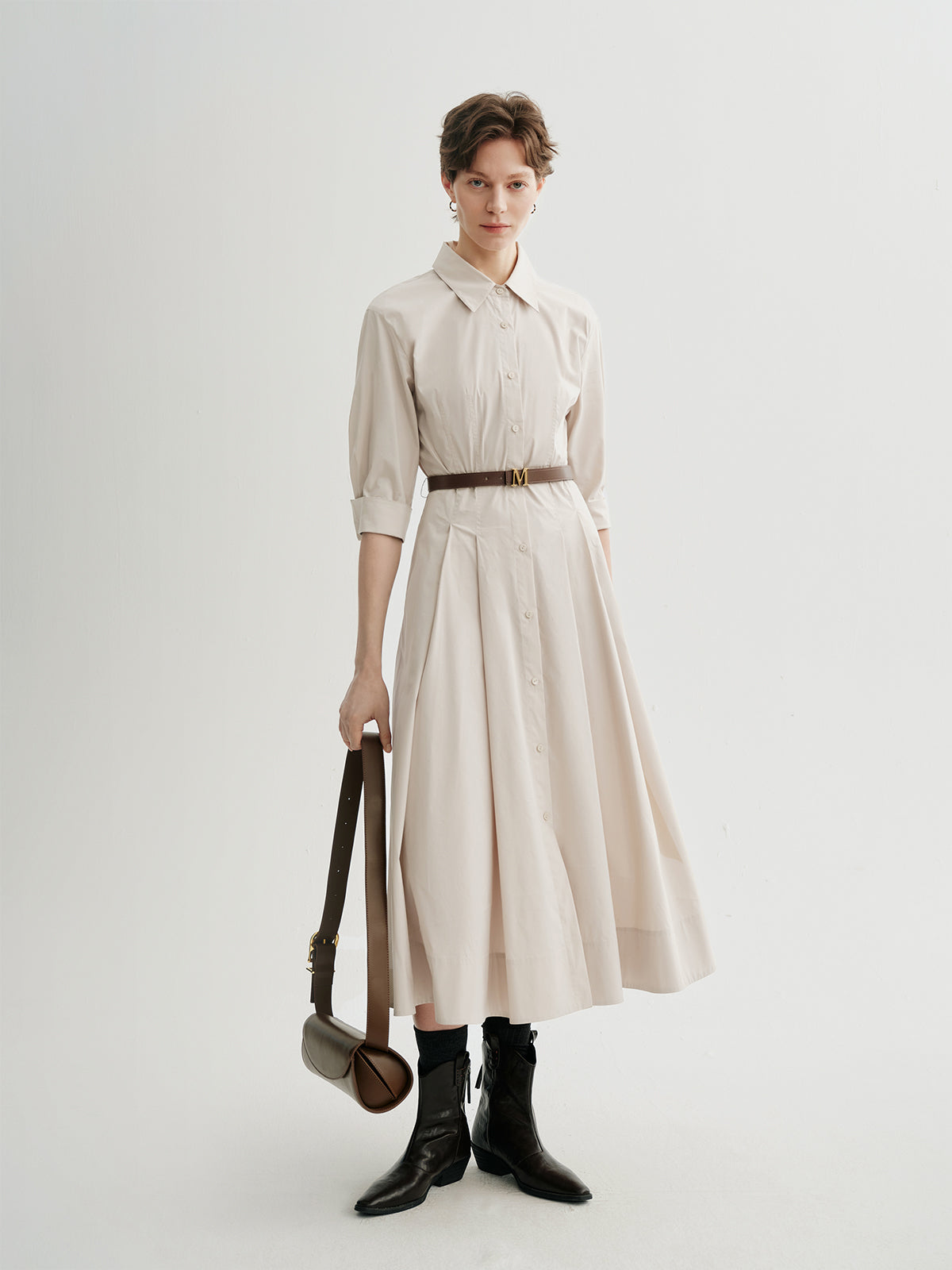 Shirt-Collar Short-Sleeve Midi Dress with Belt
