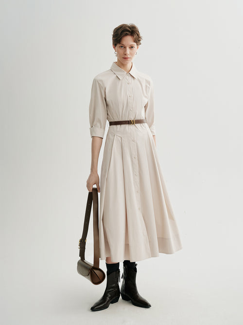 Load image 1 in gallery view. Shirt-Collar Short-Sleeve Midi Dress with Belt