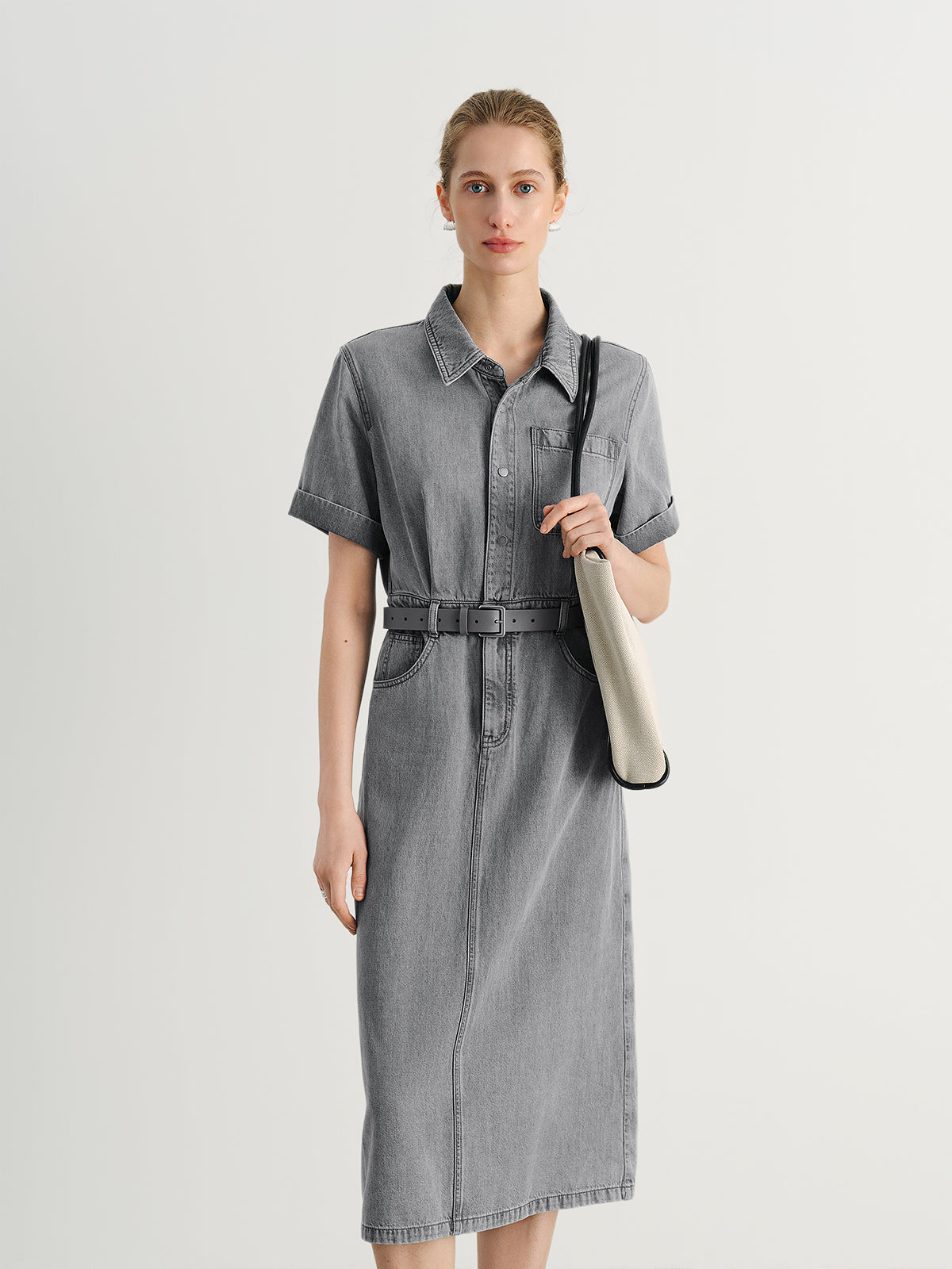 Denim Midi Dress with Belt