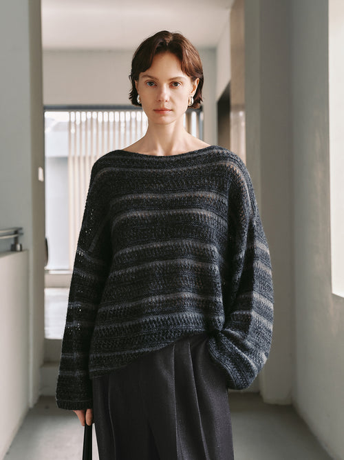 Load image 1 in gallery view. Striped Crewneck Relaxed Silk-Cashmere Sweater