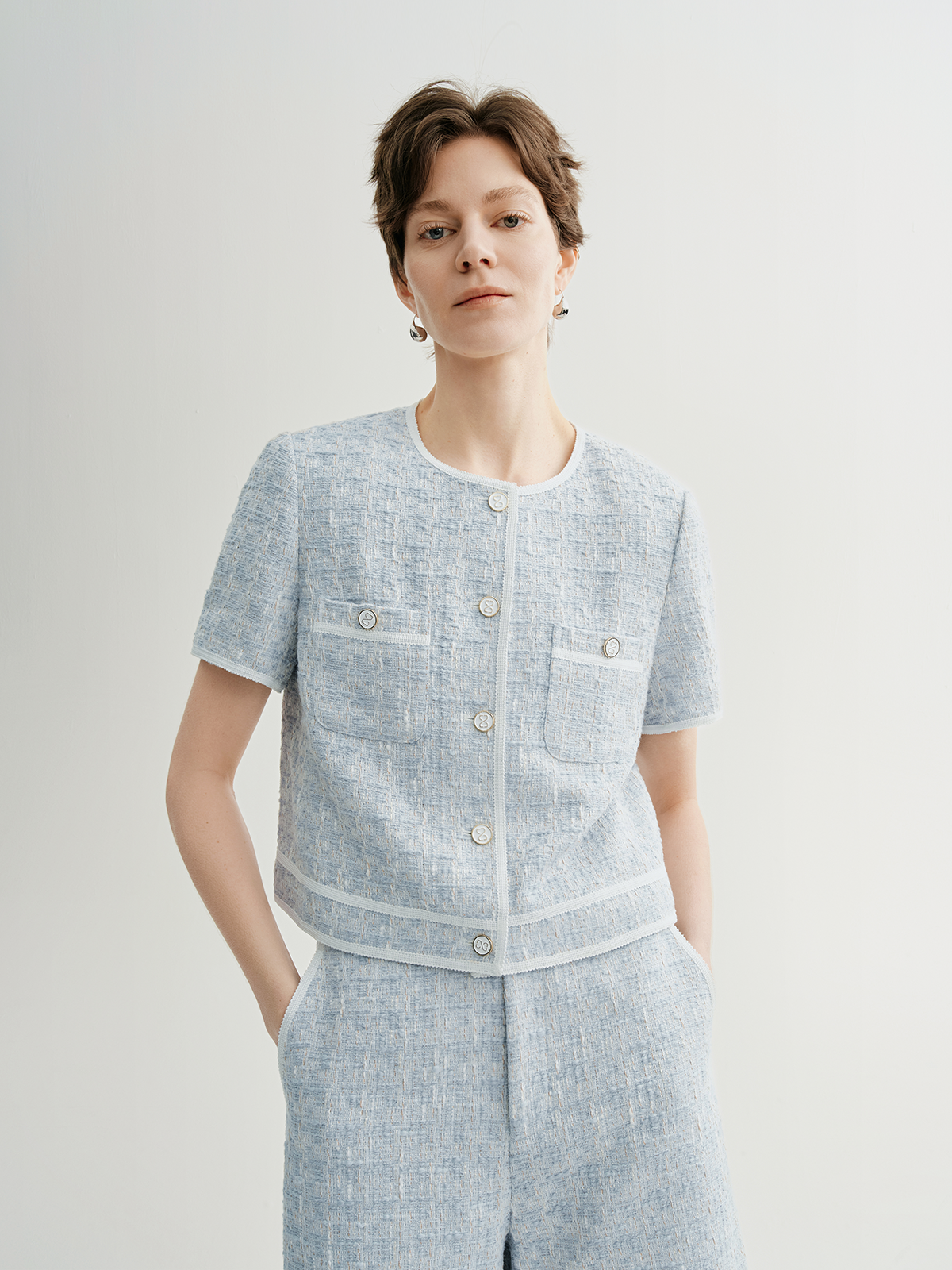 Crew Neck Short Sleeve Tweed Jacket