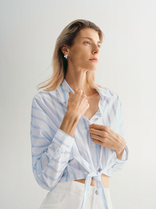 Load image 1 in gallery view. Striped Tie Cotton Blouse