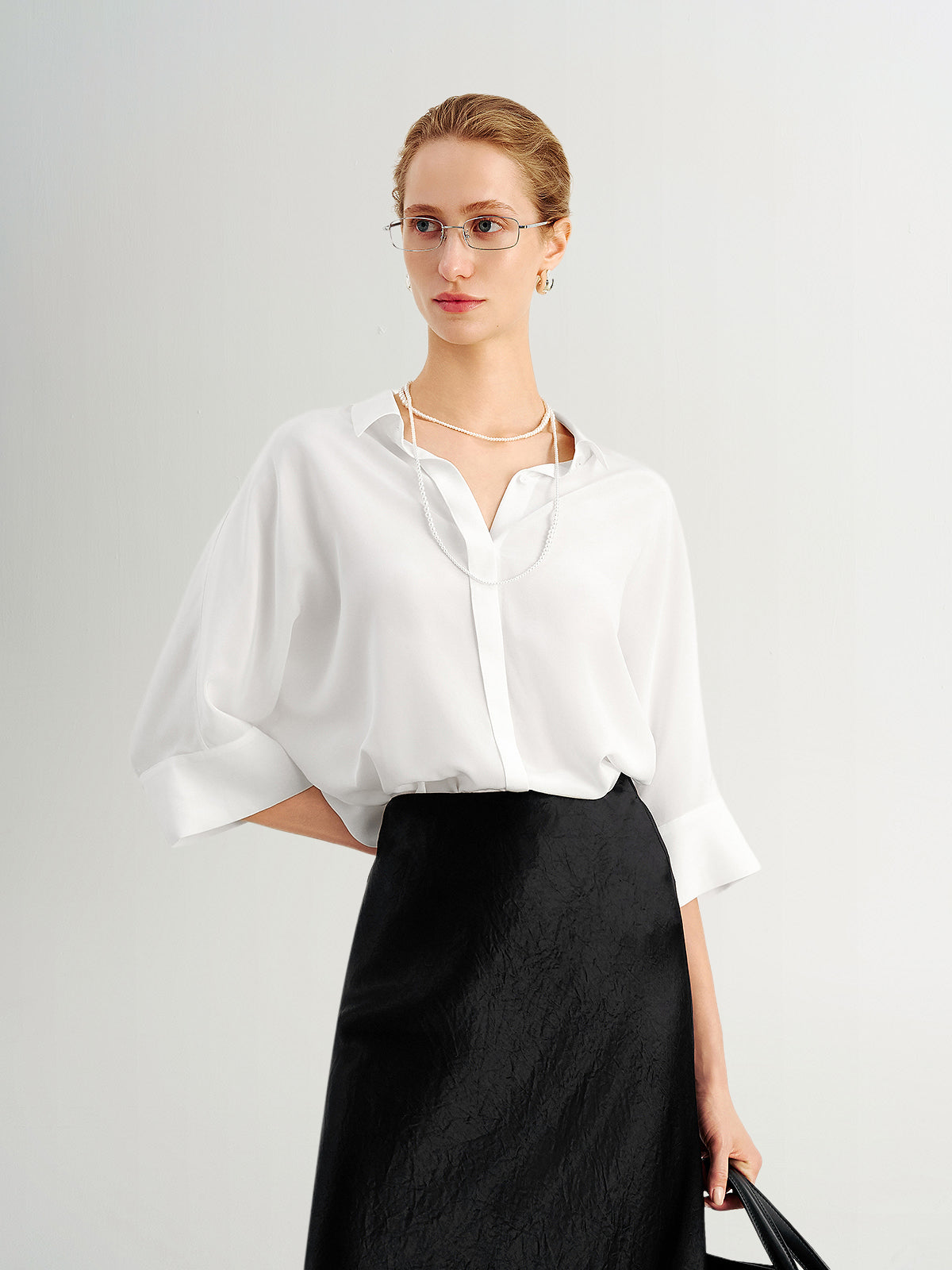 100% Mulberry Silk Relaxed-Fit Drop-Shoulder Lapel Three-Quarter Sleeve Shirt
