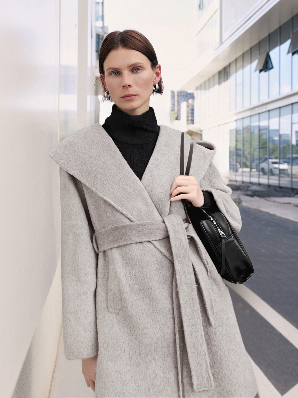 Gray Wool Hooded Tie-Belt Midi Coat