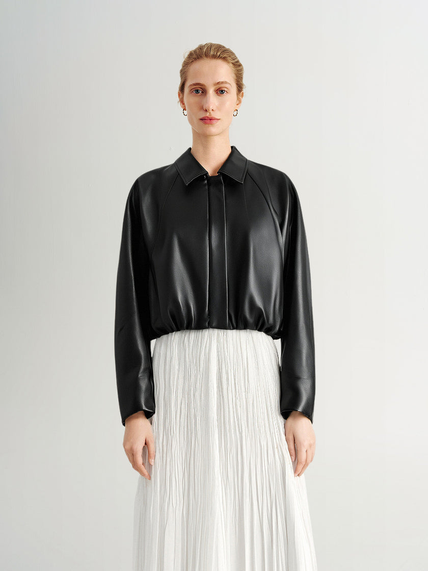 Cropped Faux Leather Raglan  Jacket