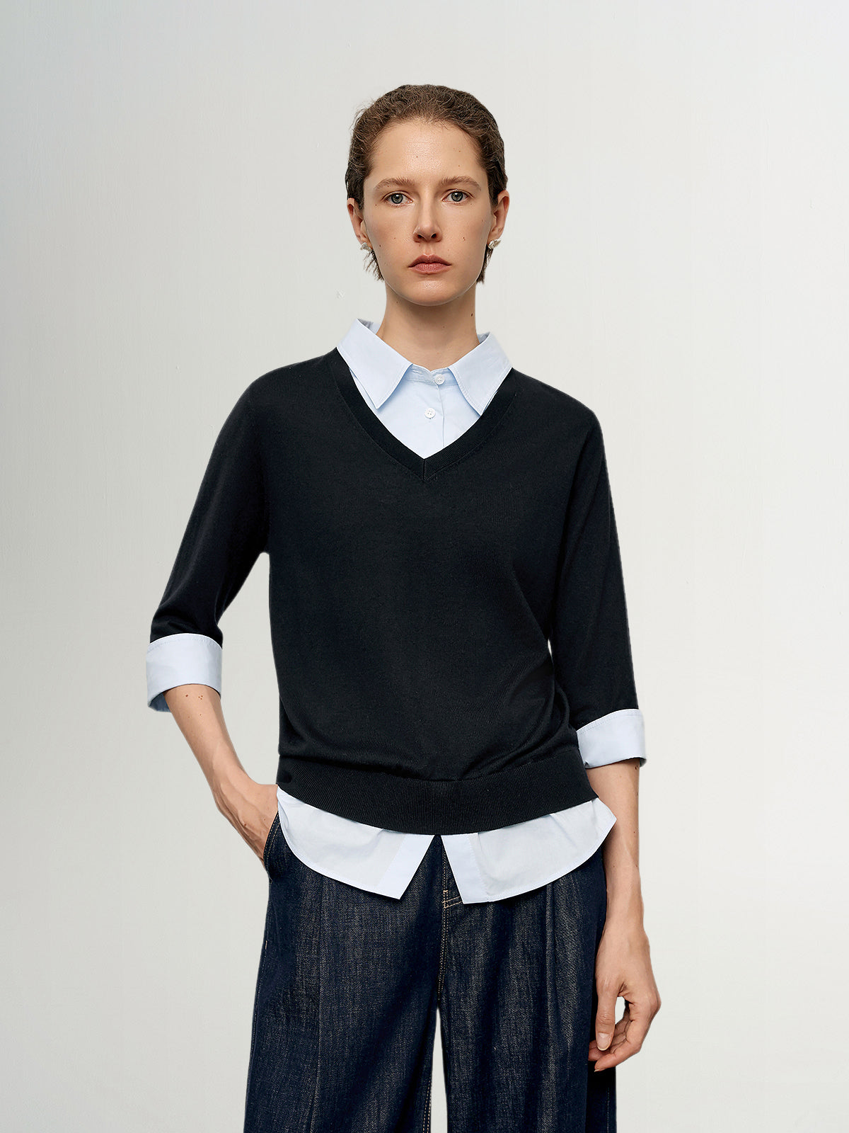 V-Neck Knit Sweater Shirt Two-in-One Design