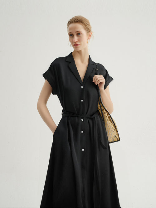 Load image 1 in gallery view. Collared V Neck Pure Silk Dress