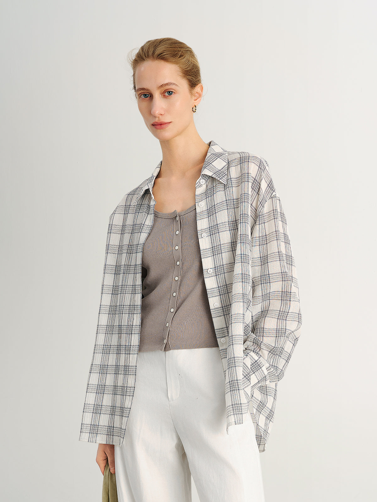 Relaxed-Fit Drop-Shoulder Long-Sleeve Plaid Lapel Shirt