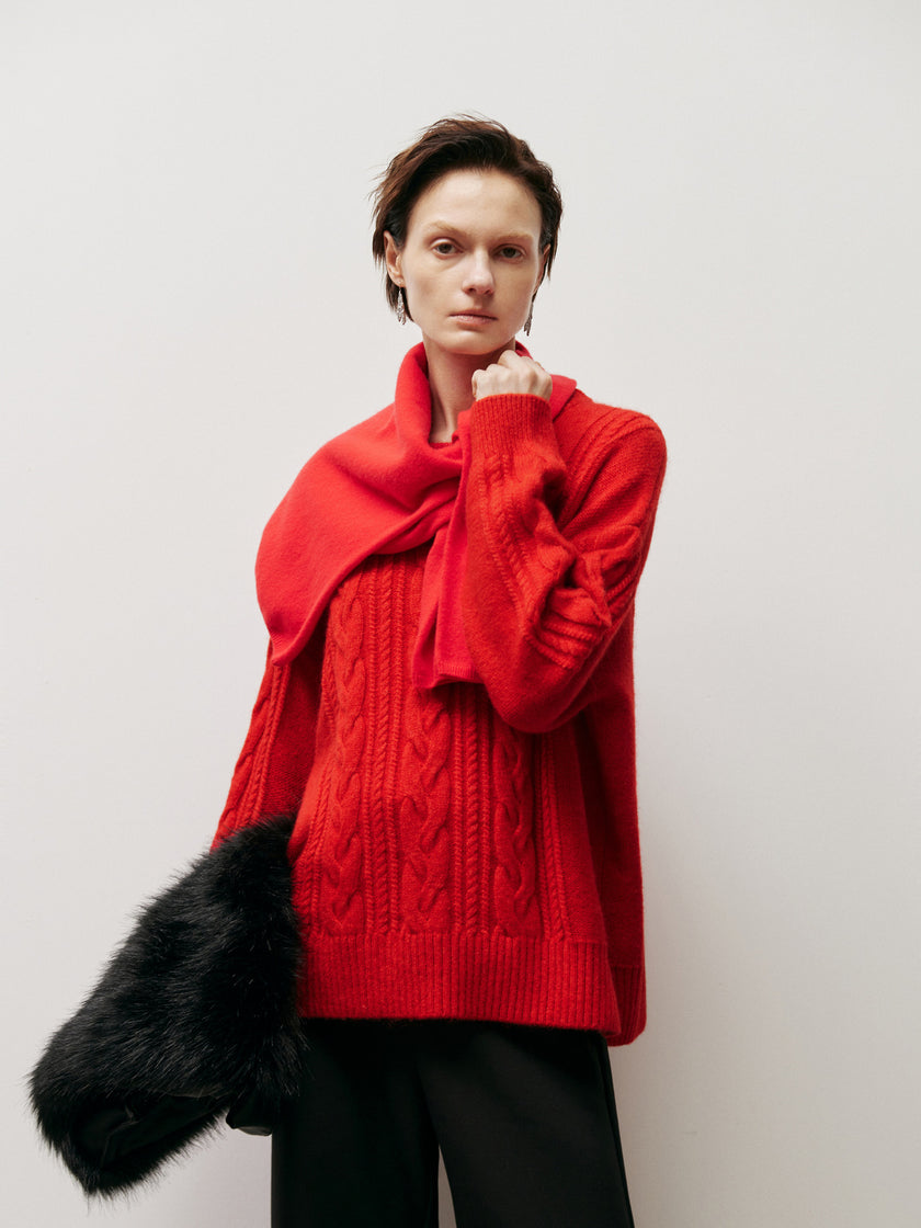 Meilleur Moment Women's Red Round Neck Rib Wool Sweater 5EC134111