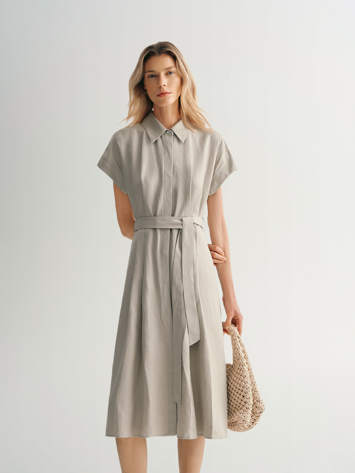 Short Sleeves Lyocell Tie Belt Dress