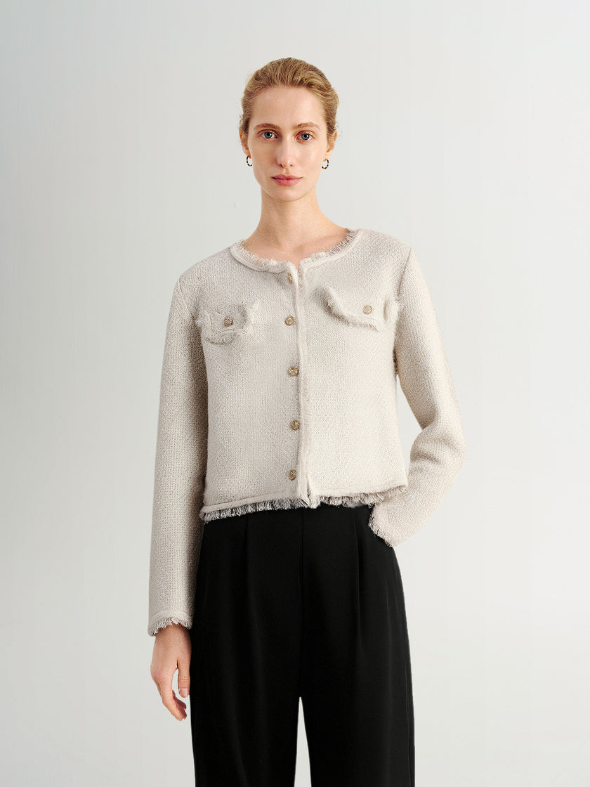 Metallic Thread Crewneck Knit Cardigan