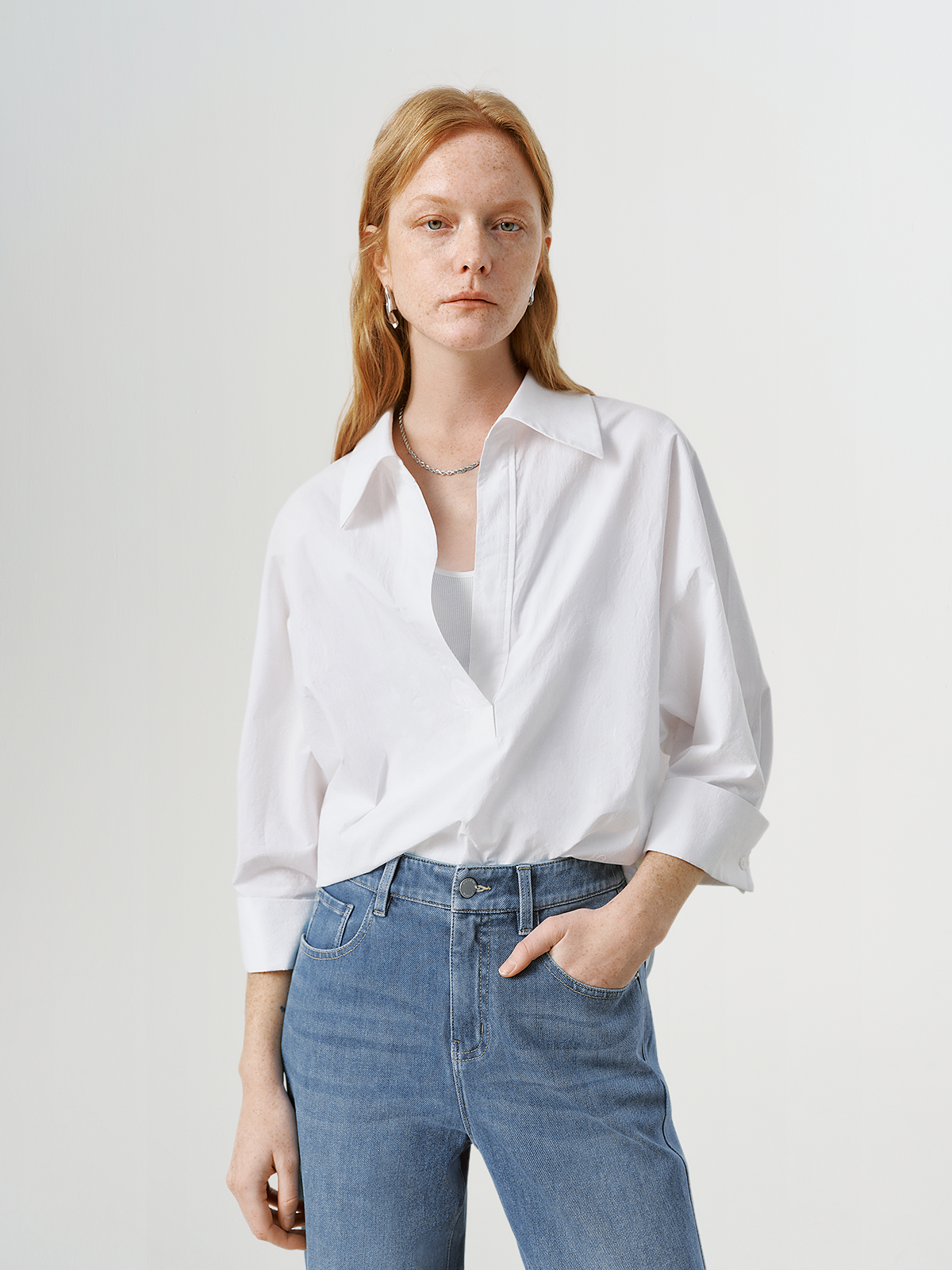 Pure Cotton V-Neck White Shirt