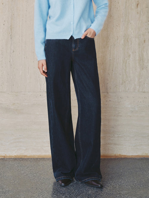 Load image 1 in gallery view. Fleece-Lined Wide-Leg Denim Jeans