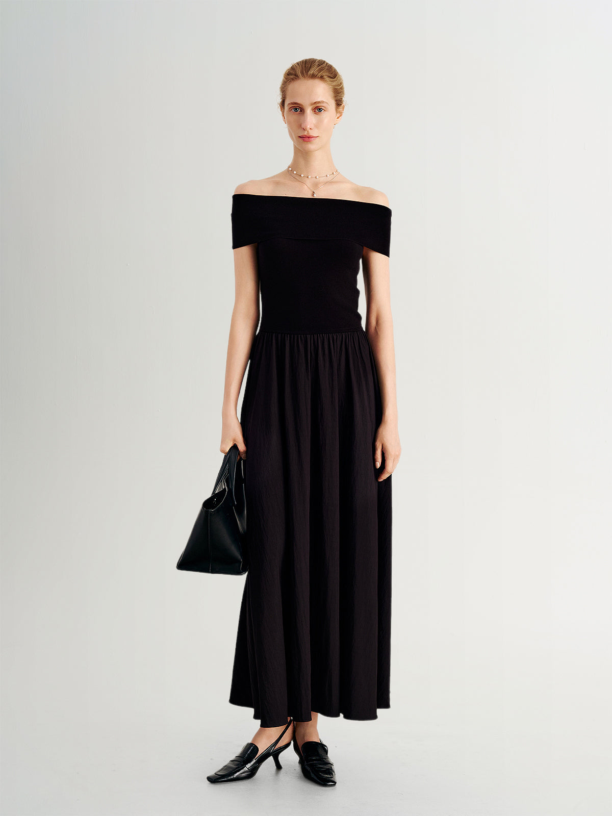 Off-Shoulder Waist-Defined Ankle-Length Dress