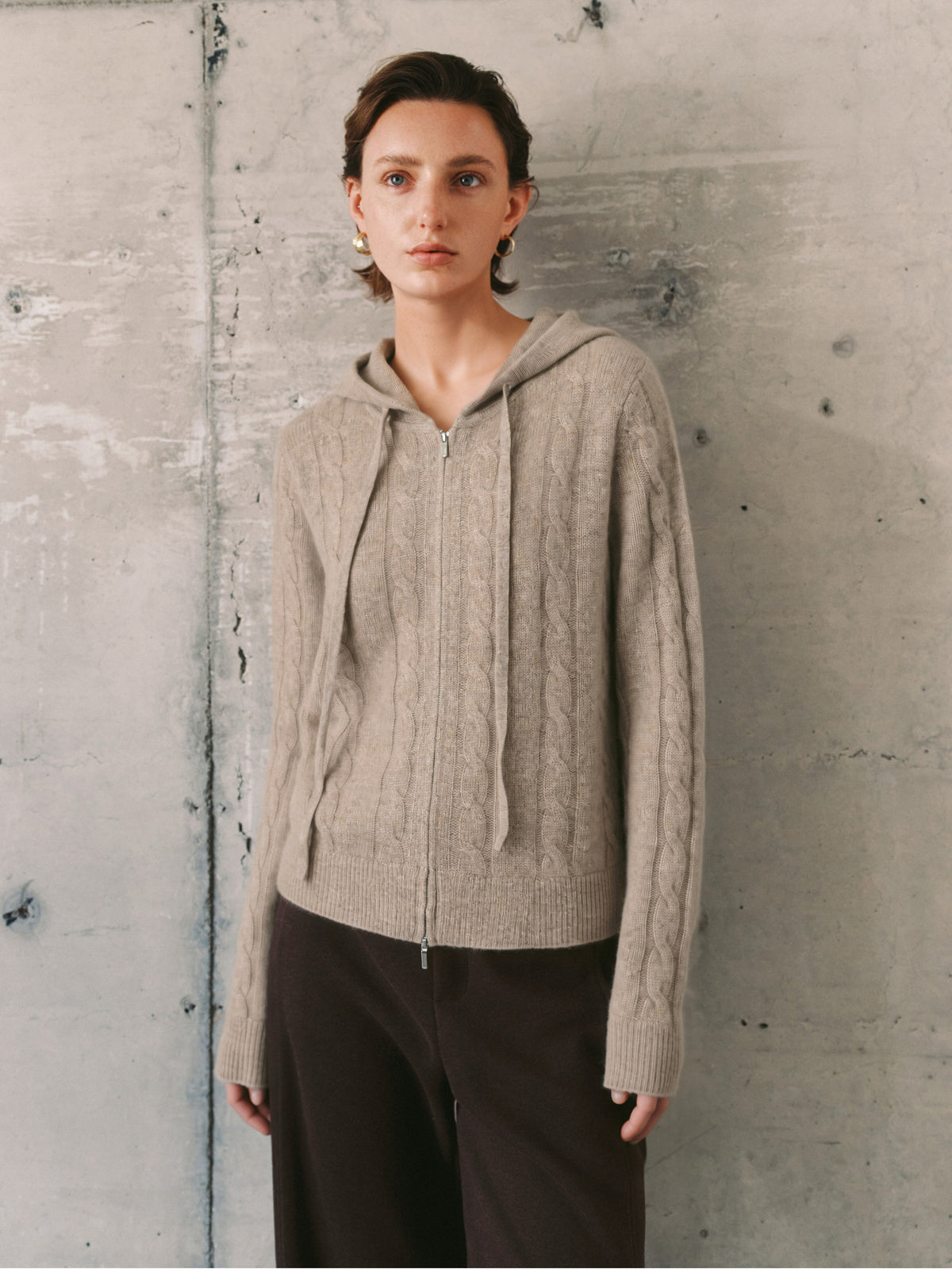 Cable Knit Cashmere Hooded Cardigan