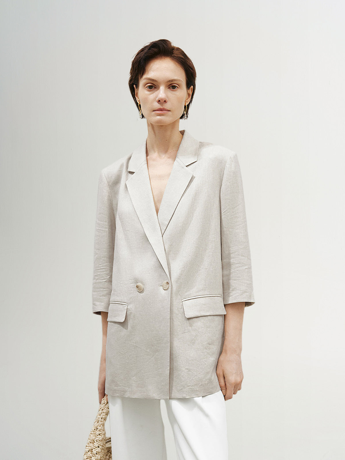 Linen Peak Lapel Half Sleeves Blazer