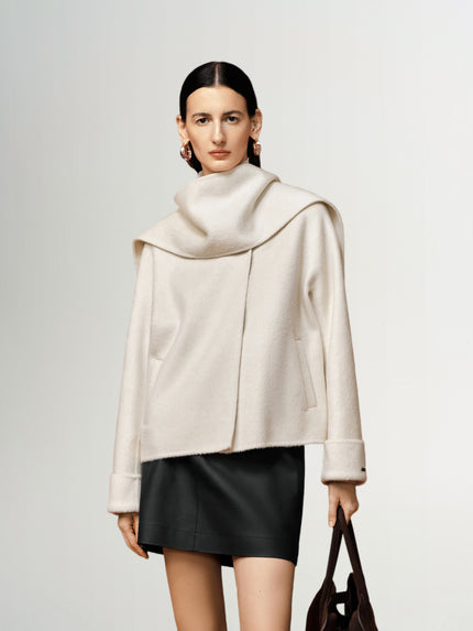 Camel Wool Cropped Coat with Scarf