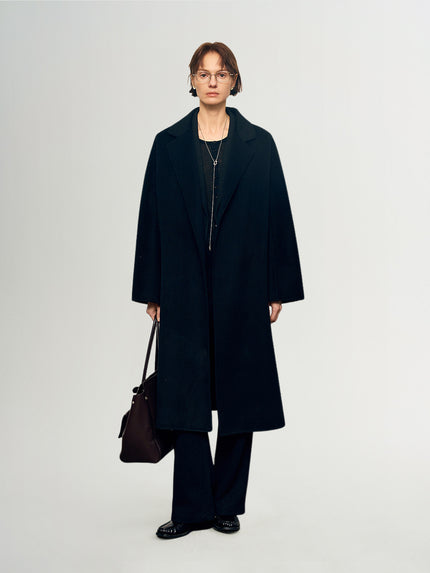Pure Cashmere Notch-Lapel Midi Belted Coat – Black