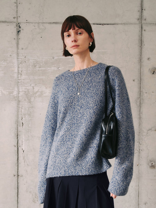 Load image 1 in gallery view. Floral Blue Crewneck Silk-Cashmere Sweater