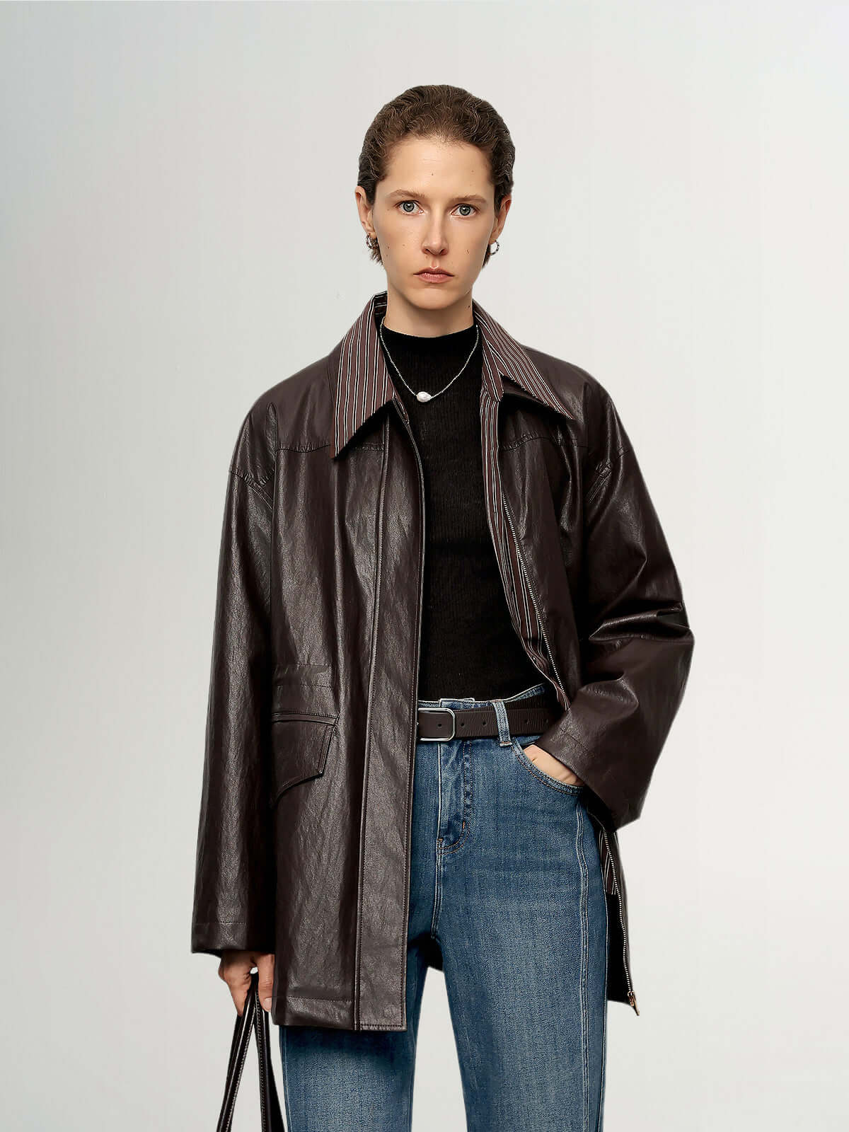 Shirt-Collar Drawstring Leather Jacket