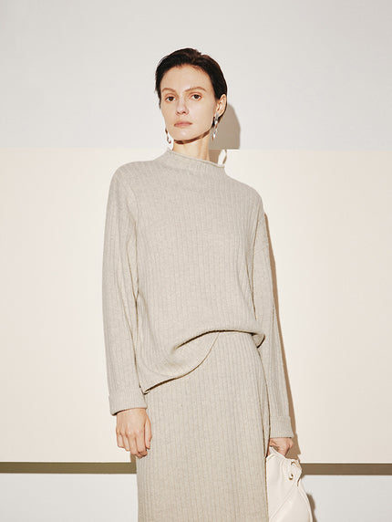 Mock Neck Rib Wool Knit Sweater