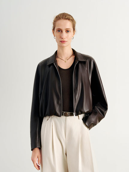Cropped Leather Jacket with Stand Collar