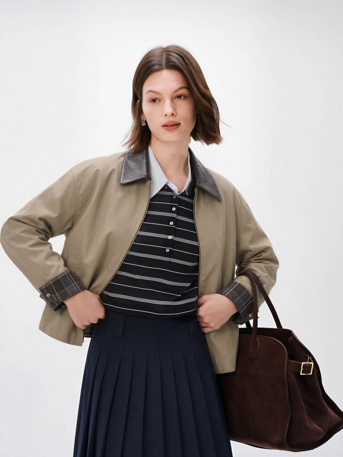 Contrast Leather Collar Zip Jacket