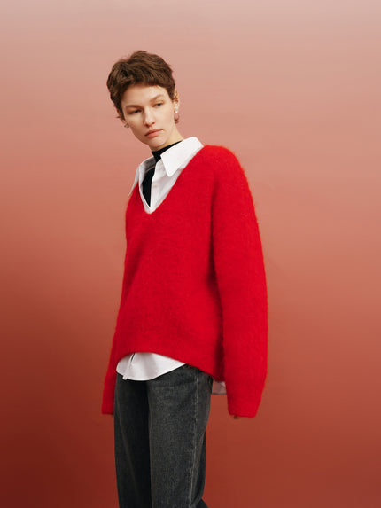 Meilleur Moment Women's Red V Neck Long Sleeves  Alpaca Wool Sweater 5EC134641Q