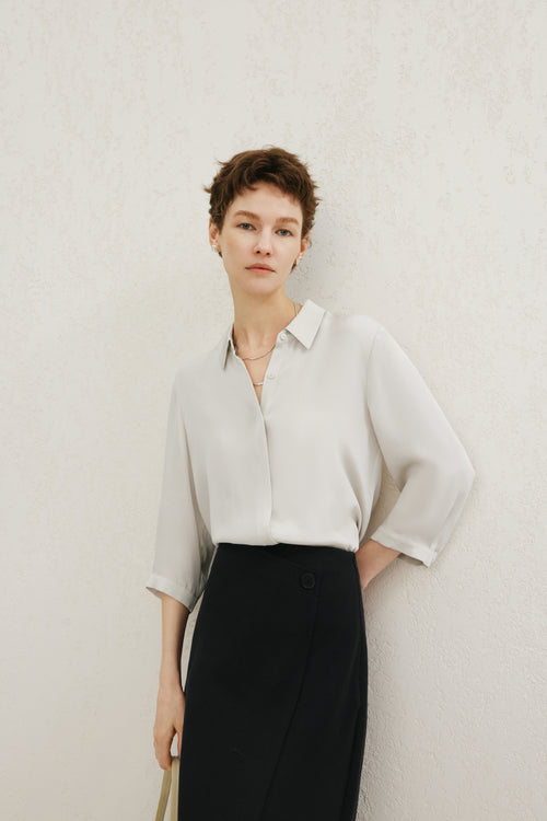 Load image 1 in gallery view. Relaxed-Fit Structured Shoulder Lapel Three-Quarter Sleeve Shirt