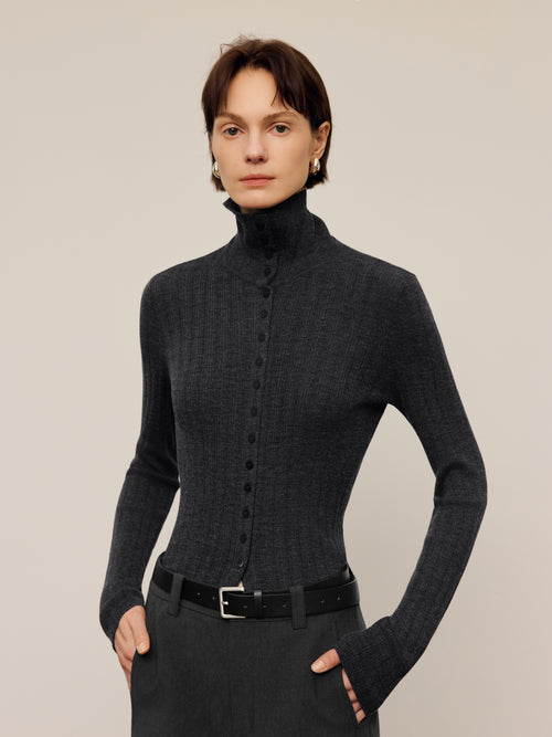 Load image 1 in gallery view. Fitted Pure Wool Ribbed Sweater