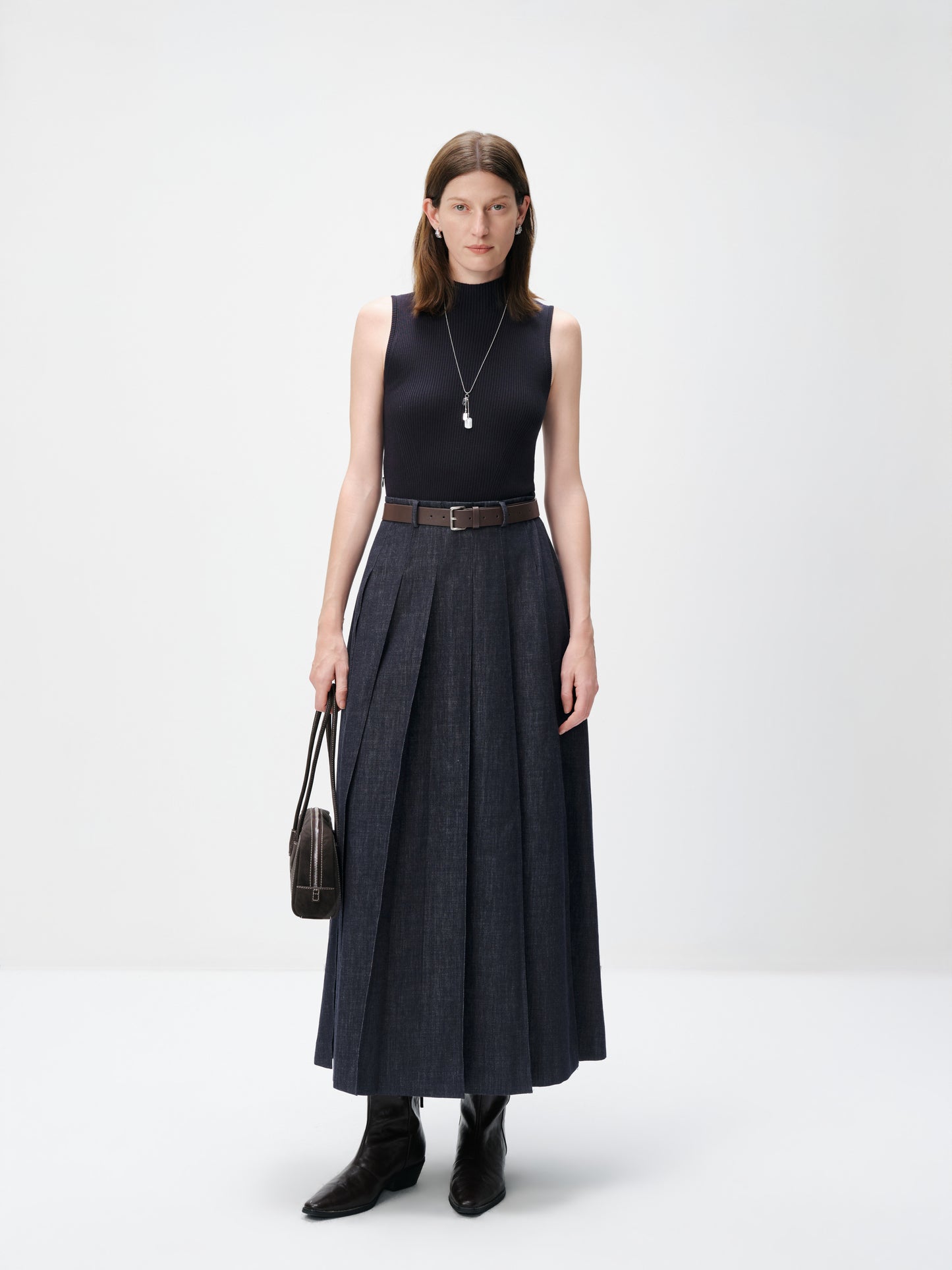 Mock-Neck Belted Denim Maxi Dress