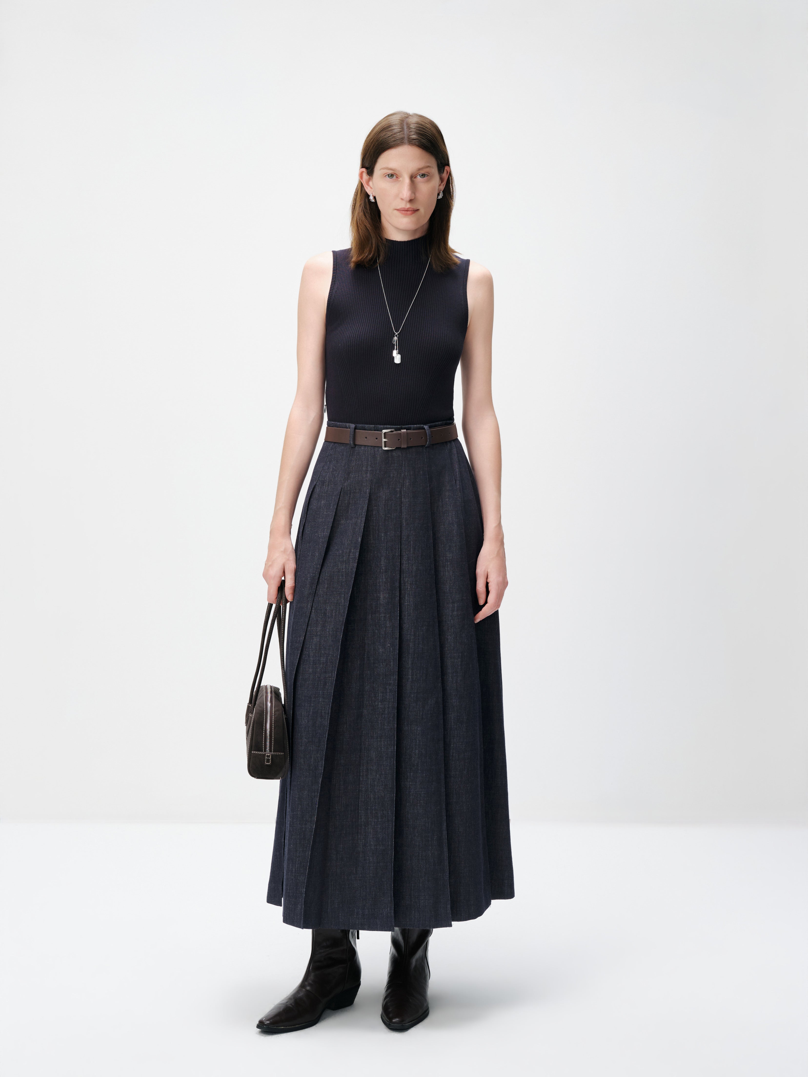 Mock-Neck Belted Denim Maxi Dress