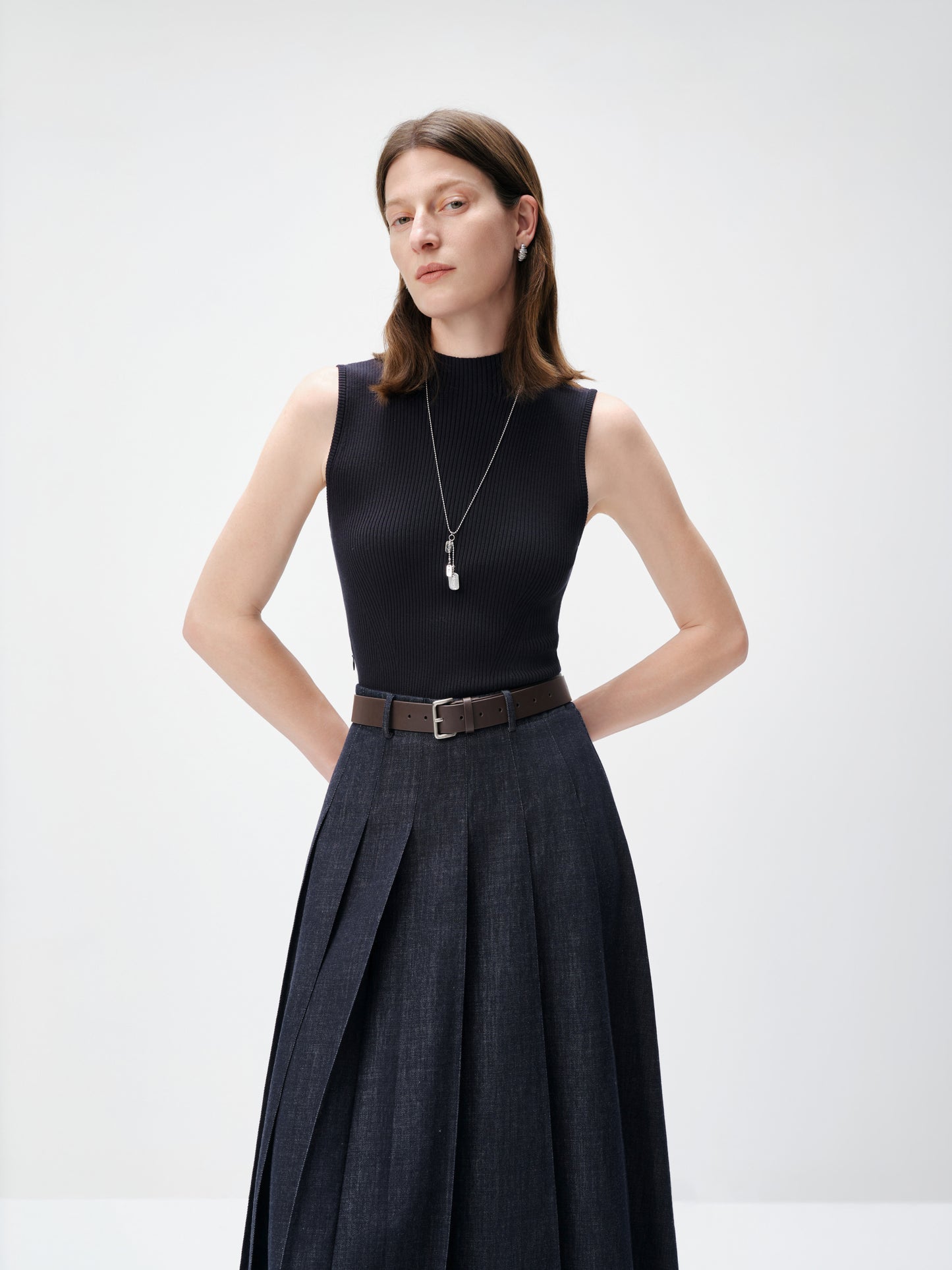 Mock-Neck Belted Denim Maxi Dress
