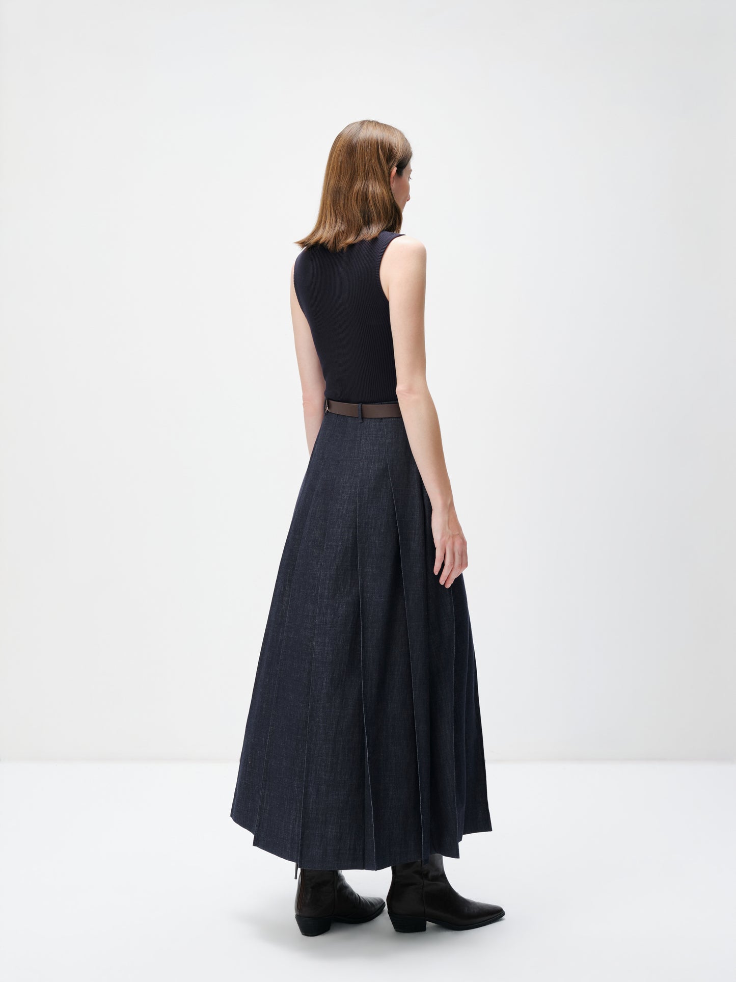 Mock-Neck Belted Denim Maxi Dress