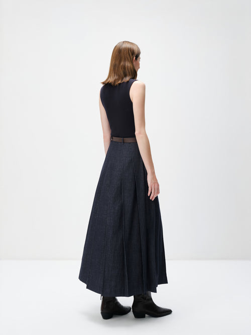 Load image 1 in gallery view. Mock-Neck Belted Denim Maxi Dress