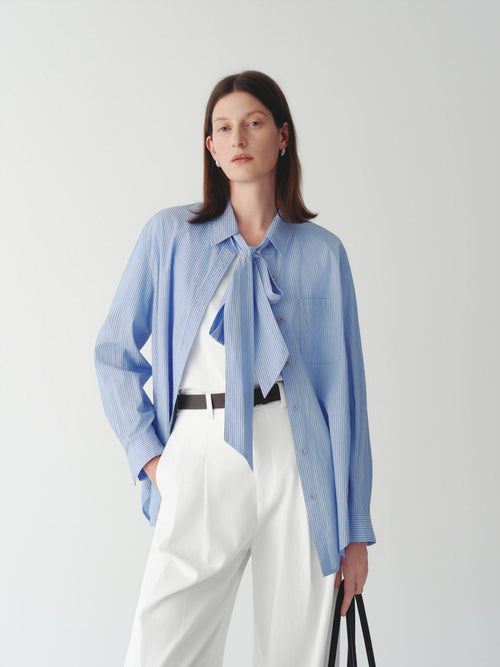 Load image 1 in gallery view. Striped Cotton Detachable Tie Shirt