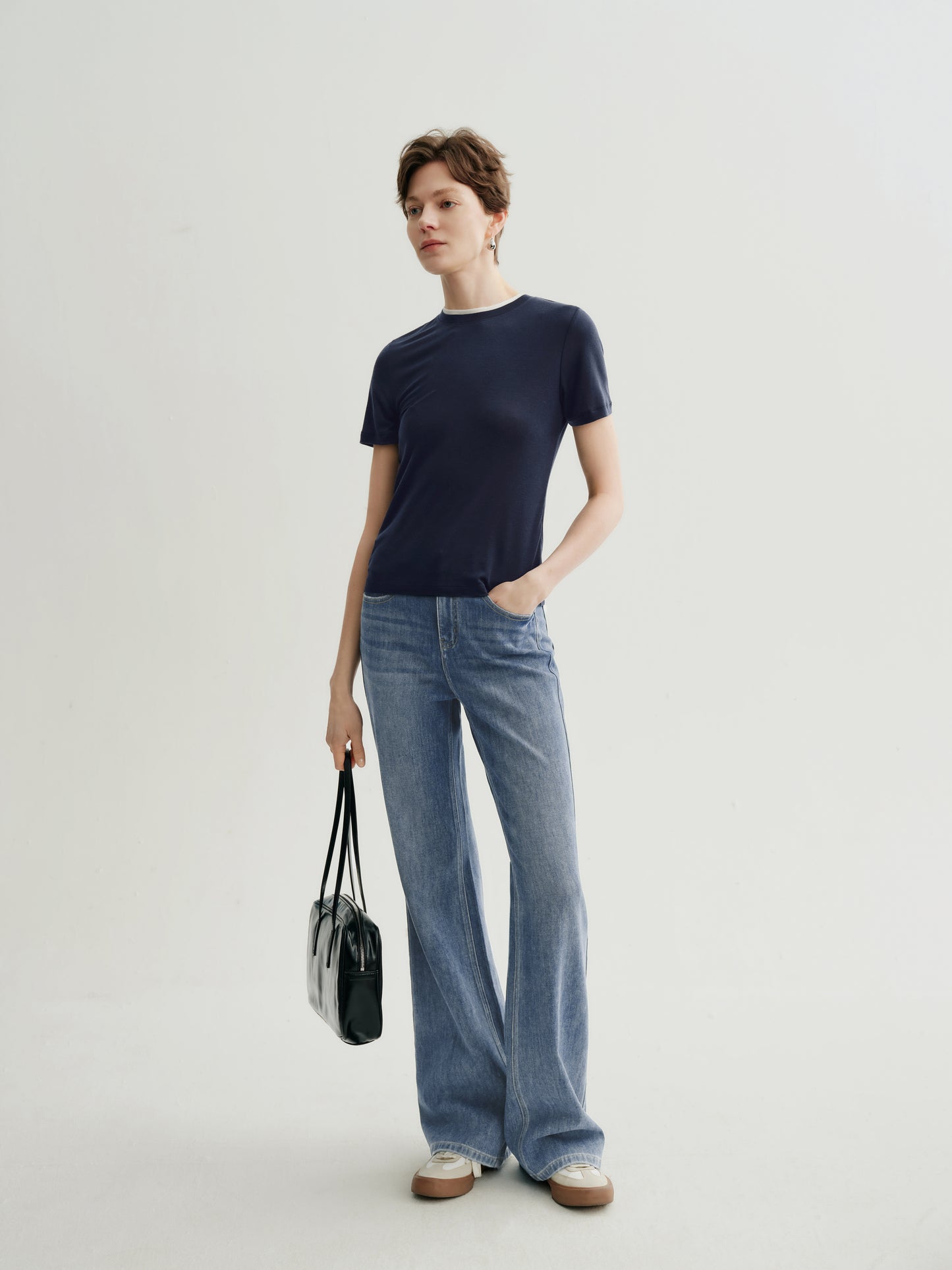 Slim-Fit Structured Shoulder Crewneck Short-Sleeve Top