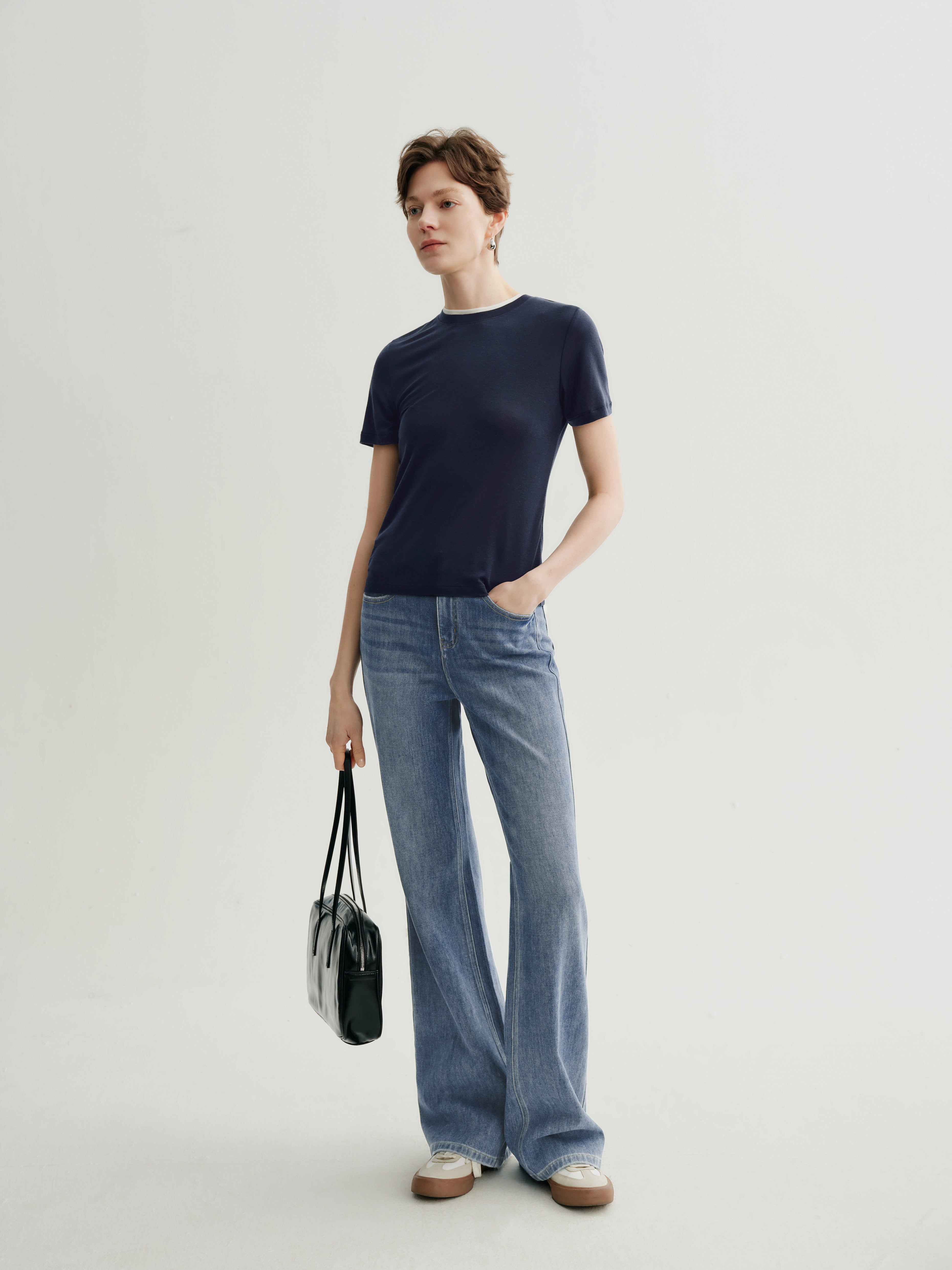 Slim-Fit Structured Shoulder Crewneck Short-Sleeve Top