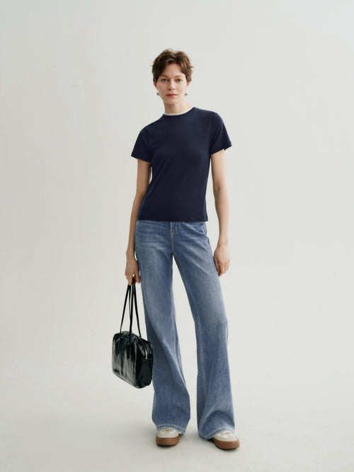 Load image 1 in gallery view. Slim-Fit Structured Shoulder Crewneck Short-Sleeve Top